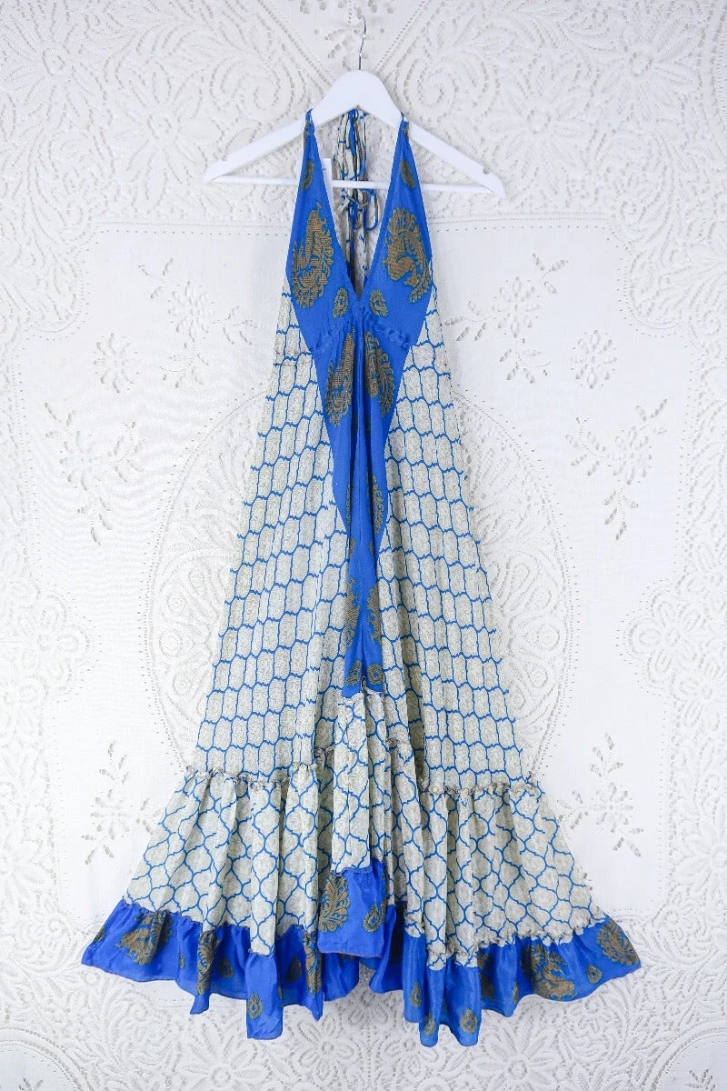 Blossom Halter Maxi Dress - Vintage Sari - Ivory & Majorelle Blue Peacock Print - Free Size L/XL 1 Blossom Halter Maxi Dress - Vintage Sari - Ivory & Majorelle Blue Peacock Print - Free Size L/XL