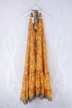 Blossom Halter Maxi Dress - Vintage Sari - Sunny Yellow & Slate Tile Print - Free Size S/M 5 Blossom Halter Maxi Dress - Vintage Sari - Sunny Yellow & Slate Tile Print - Free Size S/M -KIKIS Clothing Shop blossom maxi halter dress summer boho style 70s hippie midi dress frill hem handmade recycled vintage sari by all about audrey 80
