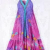 Blossom Halter Maxi Dress - Vintage Sari - Fuchsia, Turquoise & Violet Lilies - Free Size S/M