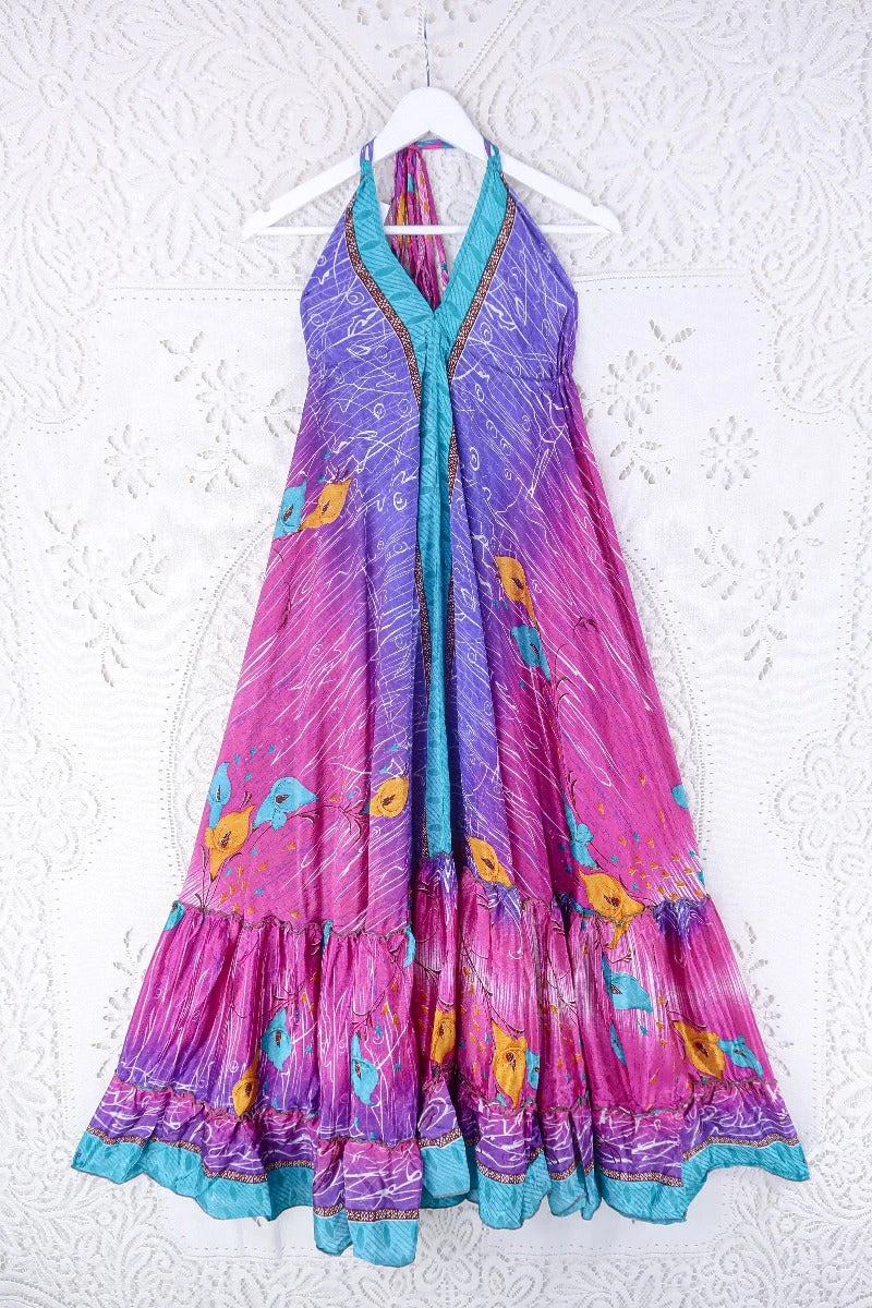 Blossom Halter Maxi Dress - Vintage Sari - Fuchsia, Turquoise & Violet Lilies - Free Size S/M 1 Blossom Halter Maxi Dress - Vintage Sari - Fuchsia, Turquoise & Violet Lilies - Free Size S/M