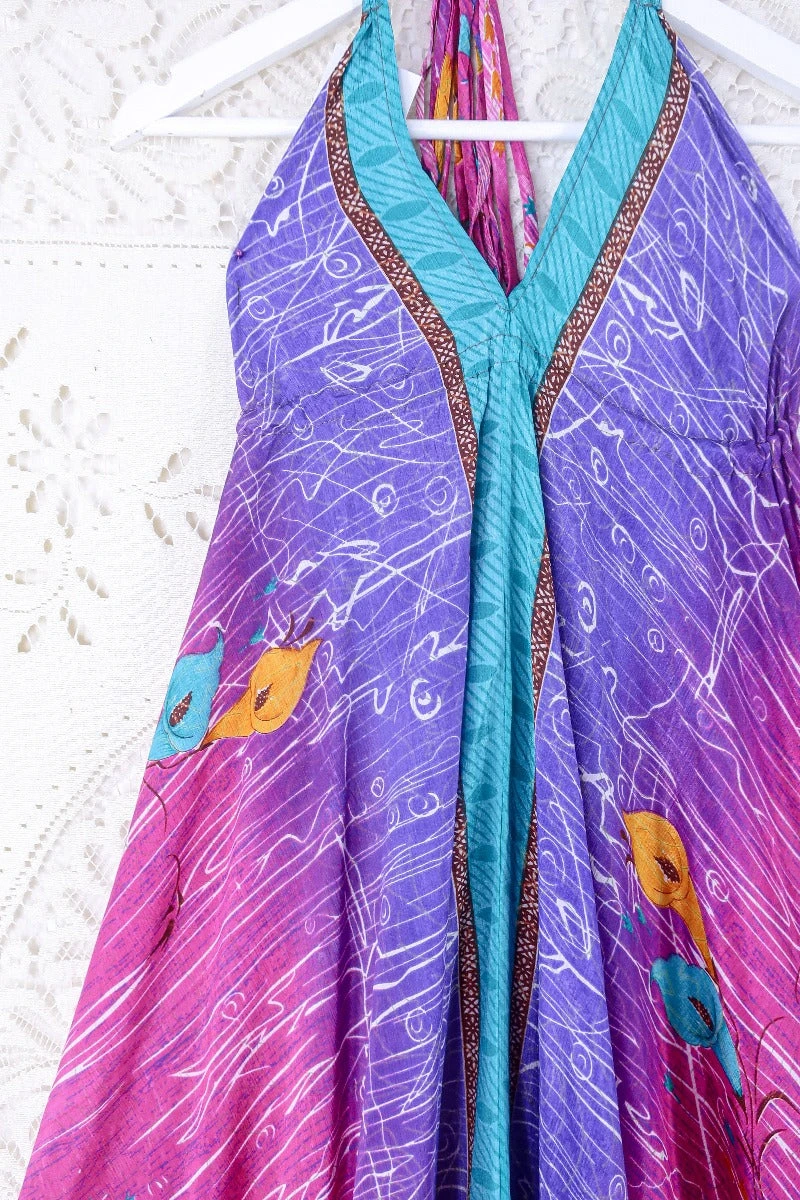 Blossom Halter Maxi Dress - Vintage Sari - Fuchsia, Turquoise & Violet Lilies - Free Size S/M 2 Blossom Halter Maxi Dress - Vintage Sari - Fuchsia, Turquoise & Violet Lilies - Free Size S/M - Image 2