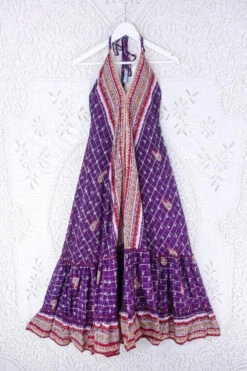 Blossom Halter Maxi Dress - Vintage Sari - Embroiderd Plum Purple Paisley - Free Size S/M