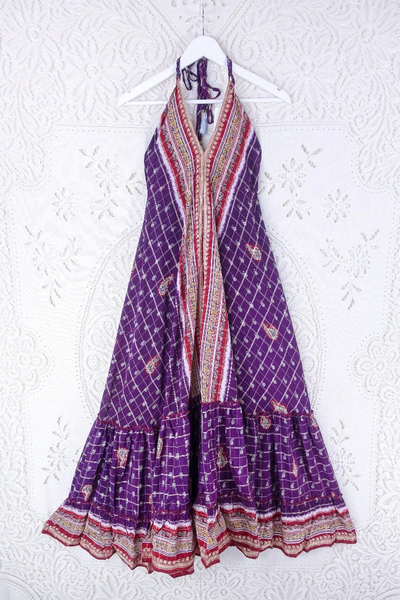 Blossom Halter Maxi Dress - Vintage Sari - Embroiderd Plum Purple Paisley - Free Size S/M 1 Blossom Halter Maxi Dress - Vintage Sari - Embroiderd Plum Purple Paisley - Free Size S/M