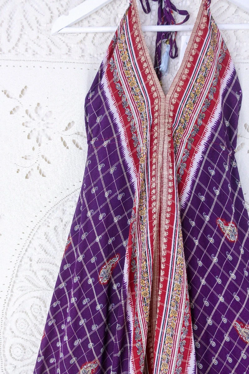 Blossom Halter Maxi Dress - Vintage Sari - Embroiderd Plum Purple Paisley - Free Size S/M 2 Blossom Halter Maxi Dress - Vintage Sari - Embroiderd Plum Purple Paisley - Free Size S/M - Image 2