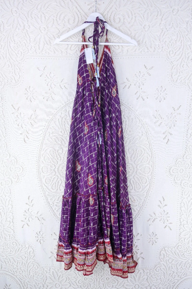 Blossom Halter Maxi Dress - Vintage Sari - Embroiderd Plum Purple Paisley - Free Size S/M 3 Blossom Halter Maxi Dress - Vintage Sari - Embroiderd Plum Purple Paisley - Free Size S/M - Image 3