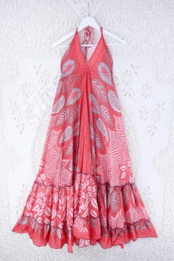 SALE - Blossom Halter Maxi Dress - Vintage Sari - Coral Pink & Taupe Leaf Print - Free Size S/M