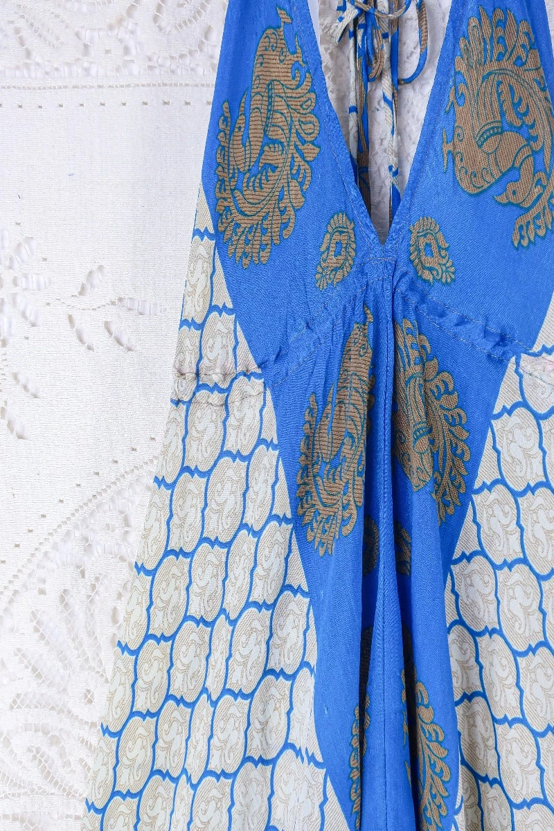 Blossom Halter Maxi Dress - Vintage Sari - Ivory & Majorelle Blue Peacock Print - Free Size L/XL 2 Blossom Halter Maxi Dress - Vintage Sari - Ivory & Majorelle Blue Peacock Print - Free Size L/XL - Image 2