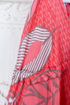 SALE - Blossom Halter Maxi Dress - Vintage Sari - Coral Pink & Taupe Leaf Print - Free Size S/M -KIKIS Clothing Shop blossom maxi halter dress summer boho style 70s hippie midi dress frill hem handmade recycled vintage sari by all about audrey 90