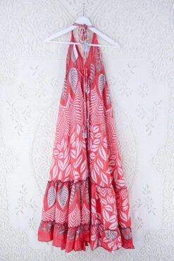 SALE - Blossom Halter Maxi Dress - Vintage Sari - Coral Pink & Taupe Leaf Print - Free Size S/M -KIKIS Clothing Shop blossom maxi halter dress summer boho style 70s hippie midi dress frill hem handmade recycled vintage sari by all about audrey 91