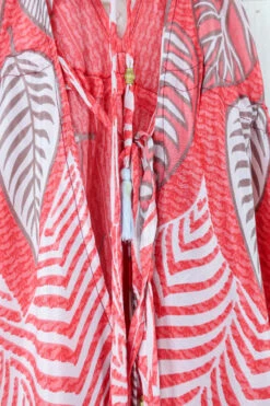 SALE - Blossom Halter Maxi Dress - Vintage Sari - Coral Pink & Taupe Leaf Print - Free Size S/M -KIKIS Clothing Shop blossom maxi halter dress summer boho style 70s hippie midi dress frill hem handmade recycled vintage sari by all about audrey 92