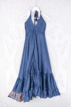 Blossom Halter Maxi Dress - Vintage Sari - Smokey Blue Shimmer - Free Size S/M