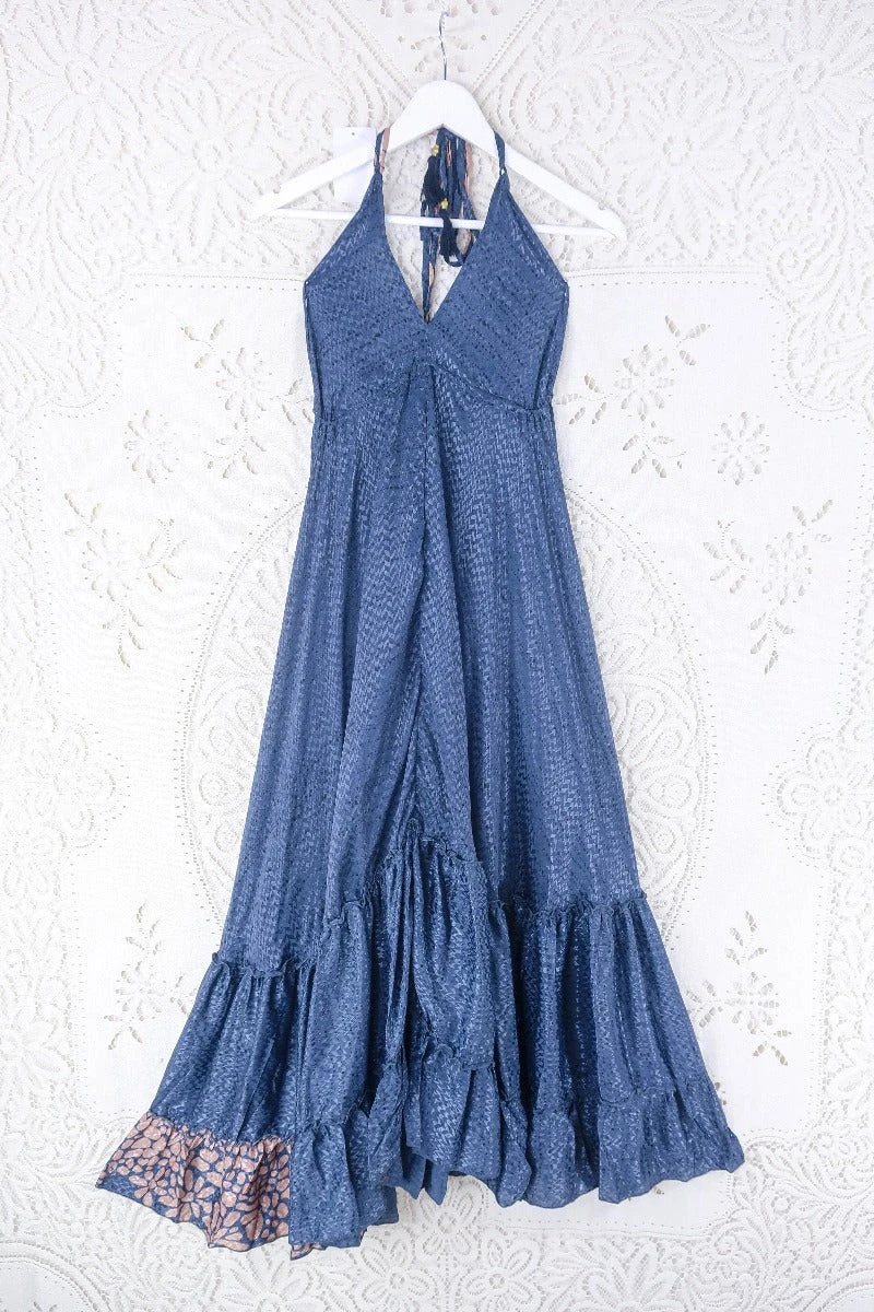 Blossom Halter Maxi Dress - Vintage Sari - Smokey Blue Shimmer - Free Size S/M 1 Blossom Halter Maxi Dress - Vintage Sari - Smokey Blue Shimmer - Free Size S/M