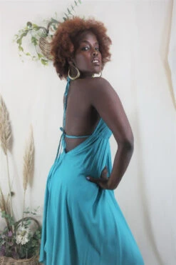 Khroma Medusa Midi Halter Dress - Teal Blue/Green - Free Size -KIKIS Clothing Shop blue midi halter neck hippie rayon dress all about audrey 4