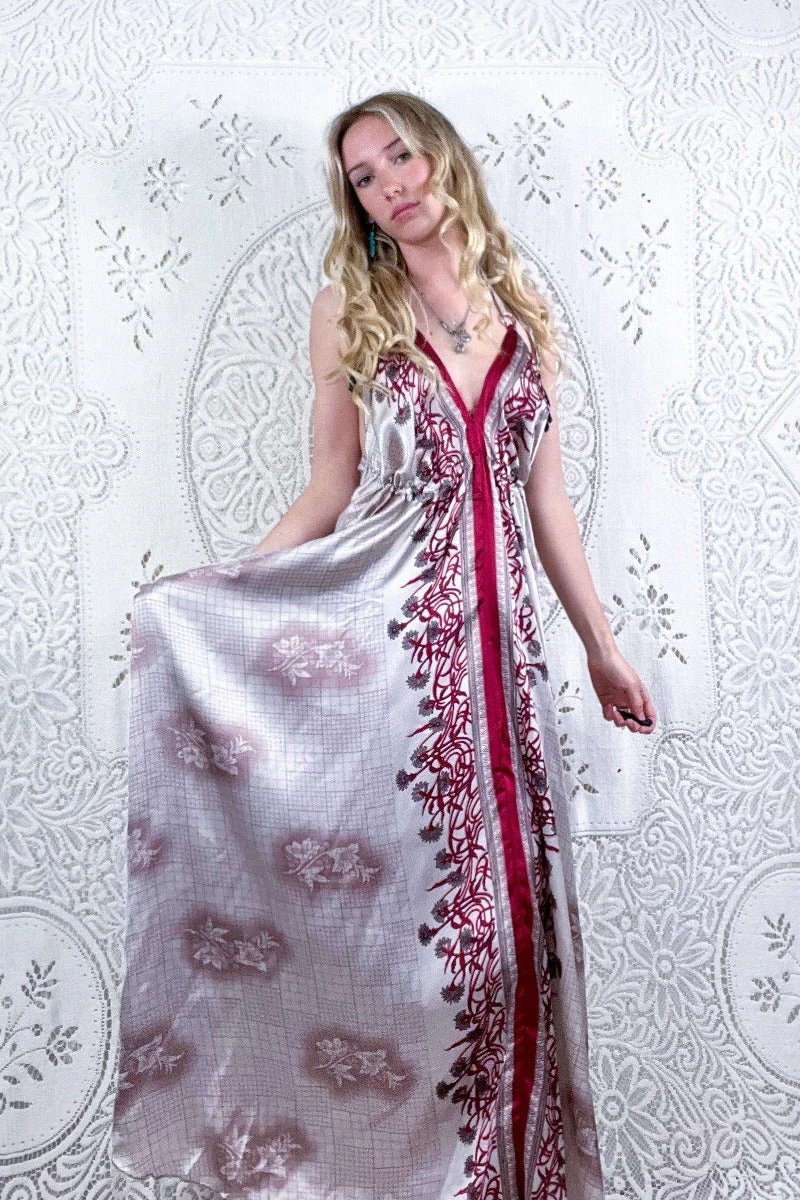 Eden Halter Maxi Dress - Vintage Sari - Rose Gold & Ruby Wildlfower - Free Size M/L 3 Eden Halter Maxi Dress - Vintage Sari - Rose Gold & Ruby Wildlfower - Free Size M/L - Image 3