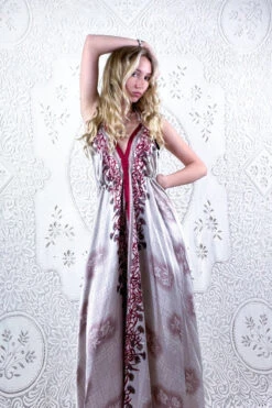 Eden Halter Maxi Dress - Vintage Sari - Rose Gold & Ruby Wildlfower - Free Size M/L 7 Eden Halter Maxi Dress - Vintage Sari - Rose Gold & Ruby Wildlfower - Free Size M/L -KIKIS Clothing Shop bohemian boho hippie chic retro recycled vintage indian sari maxi halter neck asymmetric hem with drawstring waist all about audrey 103