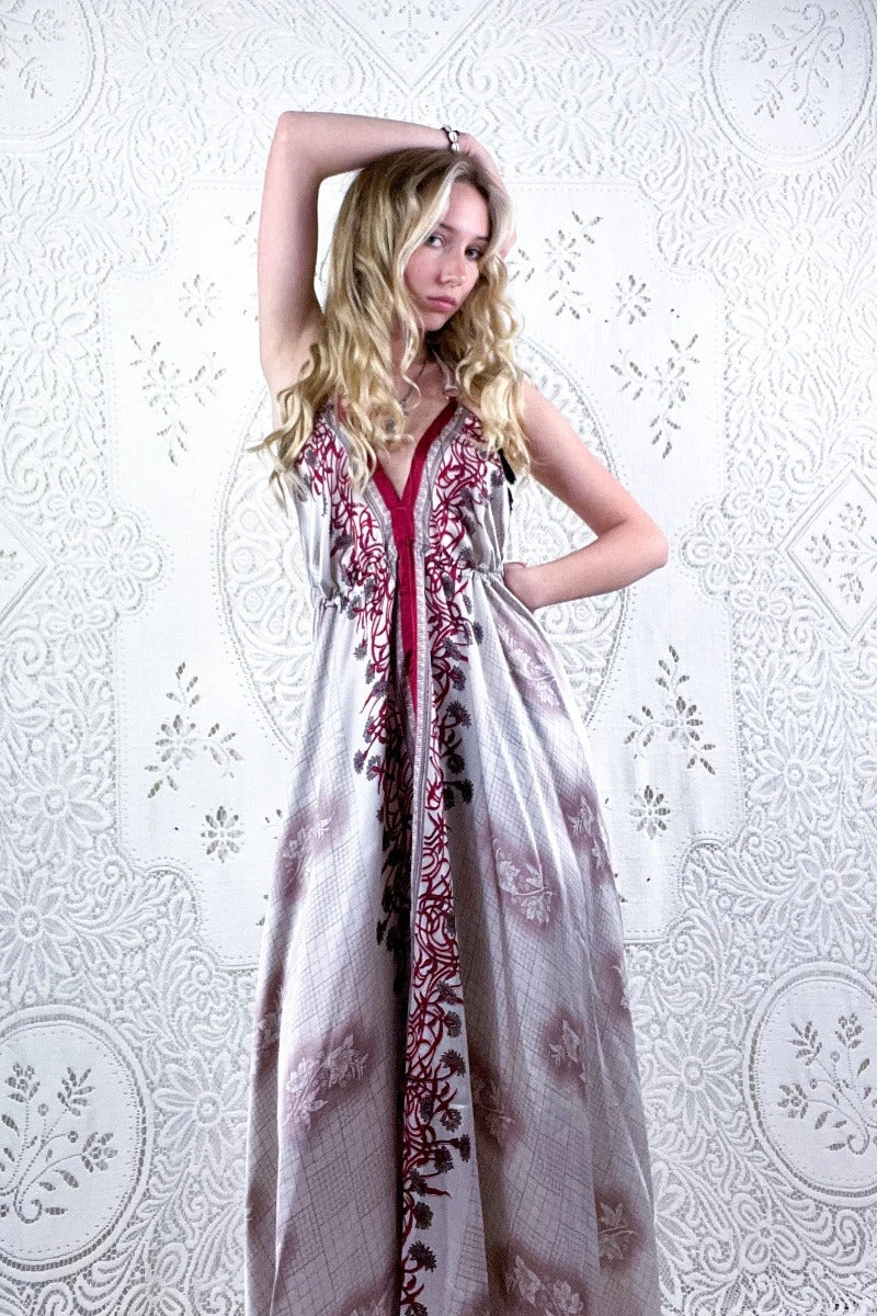 Eden Halter Maxi Dress - Vintage Sari - Rose Gold & Ruby Wildlfower - Free Size M/L 4 Eden Halter Maxi Dress - Vintage Sari - Rose Gold & Ruby Wildlfower - Free Size M/L - Image 4