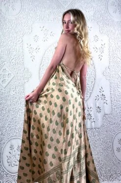Eden Halter Maxi Dress - Vintage Sari - Fawn & Emerald Green Paisley - Free Size M/L -KIKIS Clothing Shop bohemian boho hippie chic retro recycled vintage indian sari maxi halter neck asymmetric hem with drawstring waist all about audrey 115