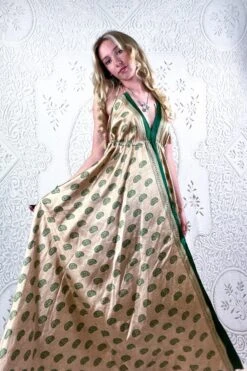 Eden Halter Maxi Dress - Vintage Sari - Fawn & Emerald Green Paisley - Free Size M/L -KIKIS Clothing Shop bohemian boho hippie chic retro recycled vintage indian sari maxi halter neck asymmetric hem with drawstring waist all about audrey 116