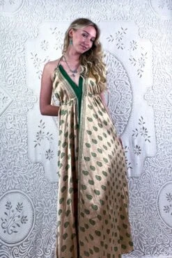 Eden Halter Maxi Dress - Vintage Sari - Fawn & Emerald Green Paisley - Free Size M/L