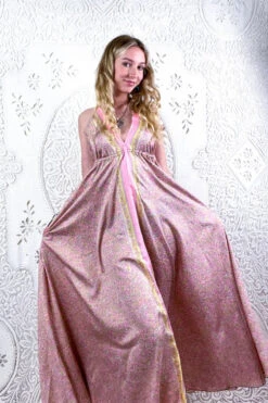 Eden Halter Maxi Dress - Vintage Sari - Pastel Pink & Chartreuse Paisley - Free Size S/M 8 Eden Halter Maxi Dress - Vintage Sari - Pastel Pink & Chartreuse Paisley - Free Size S/M -KIKIS Clothing Shop bohemian boho hippie chic retro recycled vintage indian sari maxi halter neck asymmetric hem with drawstring waist all about audrey 121