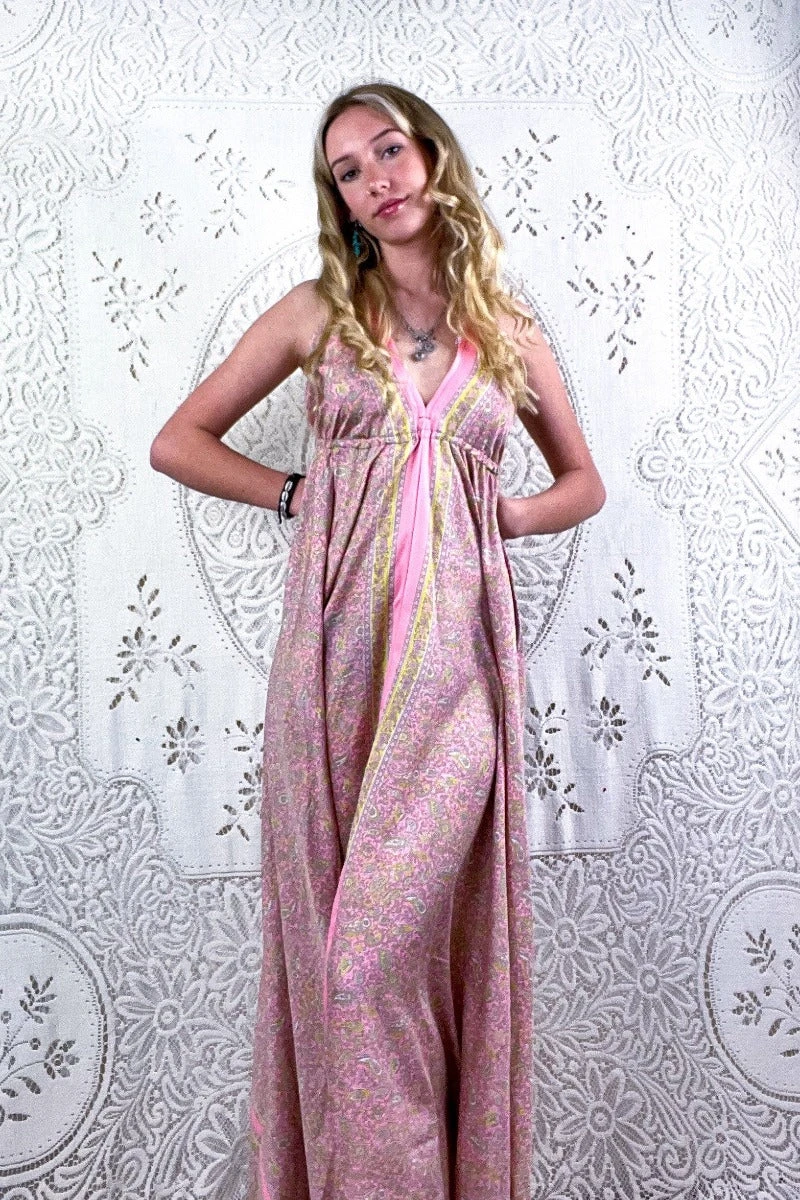 Eden Halter Maxi Dress - Vintage Sari - Pastel Pink & Chartreuse Paisley - Free Size S/M 2 Eden Halter Maxi Dress - Vintage Sari - Pastel Pink & Chartreuse Paisley - Free Size S/M - Image 2
