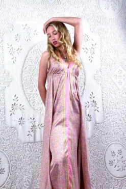 Eden Halter Maxi Dress - Vintage Sari - Pastel Pink & Chartreuse Paisley - Free Size S/M 9 Eden Halter Maxi Dress - Vintage Sari - Pastel Pink & Chartreuse Paisley - Free Size S/M -KIKIS Clothing Shop bohemian boho hippie chic retro recycled vintage indian sari maxi halter neck asymmetric hem with drawstring waist all about audrey 123