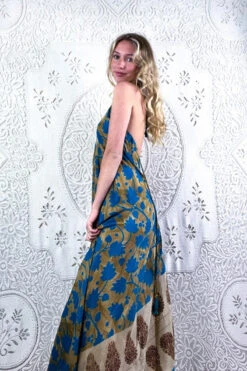 Eden Halter Maxi Dress - Vintage Sari - Beige & Sky Blue Bold Floral - Free Size S/M