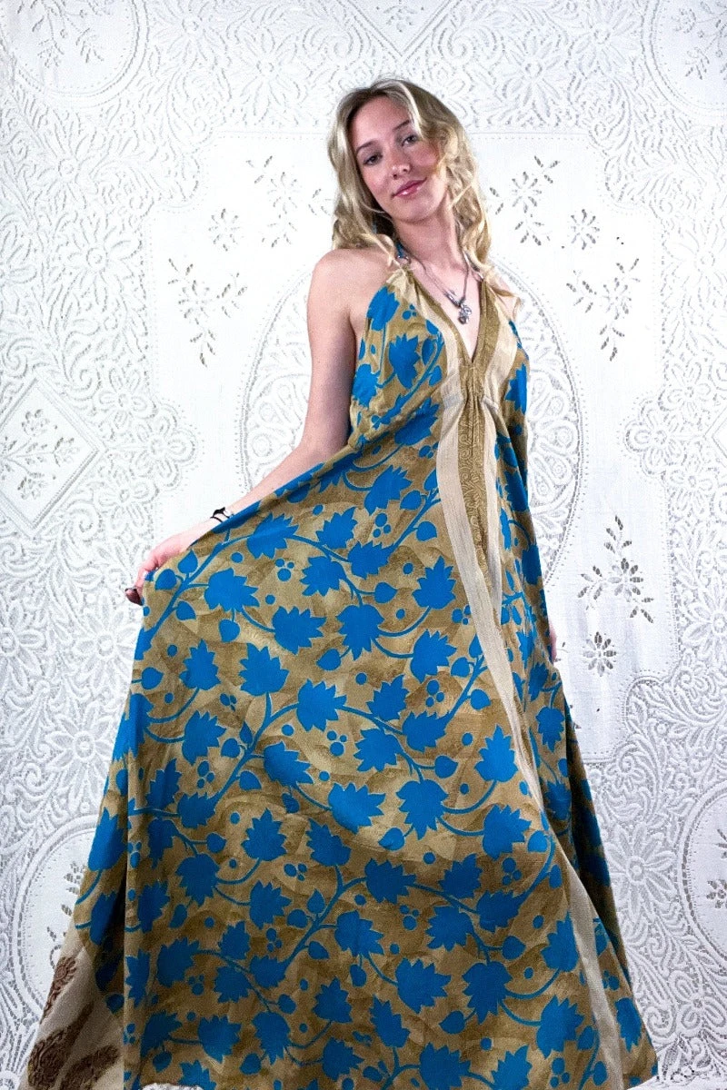 Eden Halter Maxi Dress - Vintage Sari - Beige & Sky Blue Bold Floral - Free Size S/M 2 Eden Halter Maxi Dress - Vintage Sari - Beige & Sky Blue Bold Floral - Free Size S/M - Image 2