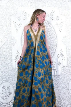 Eden Halter Maxi Dress - Vintage Sari - Beige & Sky Blue Bold Floral - Free Size S/M 7 Eden Halter Maxi Dress - Vintage Sari - Beige & Sky Blue Bold Floral - Free Size S/M -KIKIS Clothing Shop bohemian boho hippie chic retro recycled vintage indian sari maxi halter neck asymmetric hem with drawstring waist all about audrey 130