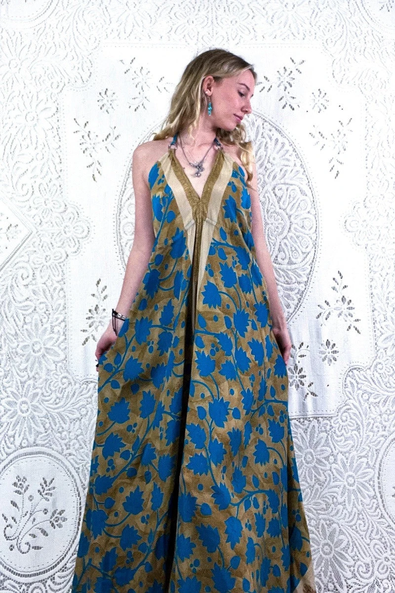 Eden Halter Maxi Dress - Vintage Sari - Beige & Sky Blue Bold Floral - Free Size S/M 4 Eden Halter Maxi Dress - Vintage Sari - Beige & Sky Blue Bold Floral - Free Size S/M - Image 4