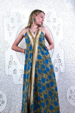 Eden Halter Maxi Dress - Vintage Sari - Beige & Sky Blue Bold Floral - Free Size S/M 6 Eden Halter Maxi Dress - Vintage Sari - Beige & Sky Blue Bold Floral - Free Size S/M -KIKIS Clothing Shop bohemian boho hippie chic retro recycled vintage indian sari maxi halter neck asymmetric hem with drawstring waist all about audrey 131