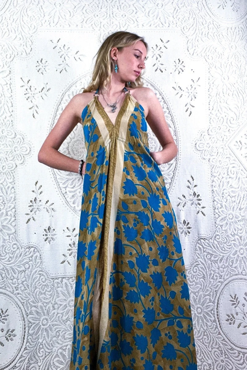 Eden Halter Maxi Dress - Vintage Sari - Beige & Sky Blue Bold Floral - Free Size S/M 3 Eden Halter Maxi Dress - Vintage Sari - Beige & Sky Blue Bold Floral - Free Size S/M - Image 3