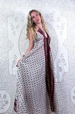 Eden Halter Maxi Dress - Vintage Sari - White, Crimson & Sage Wildflower - Free Size S/M 8 Eden Halter Maxi Dress - Vintage Sari - White, Crimson & Sage Wildflower - Free Size S/M -KIKIS Clothing Shop bohemian boho hippie chic retro recycled vintage indian sari maxi halter neck asymmetric hem with drawstring waist all about audrey 134