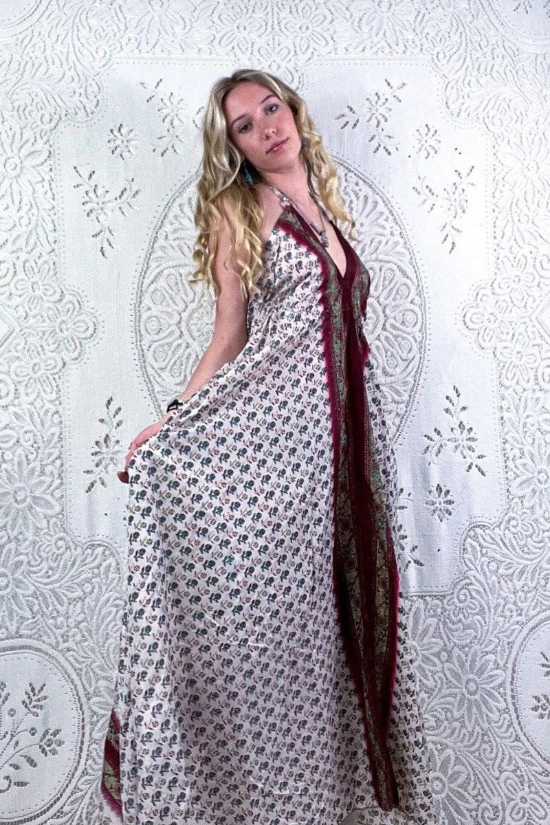 Eden Halter Maxi Dress - Vintage Sari - White, Crimson & Sage Wildflower - Free Size S/M 4 Eden Halter Maxi Dress - Vintage Sari - White, Crimson & Sage Wildflower - Free Size S/M - Image 4