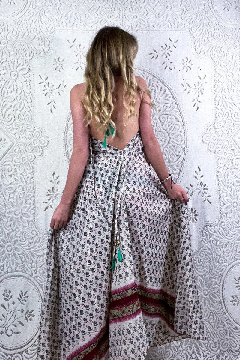 Eden Halter Maxi Dress - Vintage Sari - White, Crimson & Sage Wildflower - Free Size S/M 2 Eden Halter Maxi Dress - Vintage Sari - White, Crimson & Sage Wildflower - Free Size S/M - Image 2