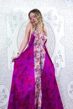 Eden Halter Maxi Dress - Vintage Sari - Psychedelic Fuchsia Paisley - Free Size S/M 6 Eden Halter Maxi Dress - Vintage Sari - Psychedelic Fuchsia Paisley - Free Size S/M -KIKIS Clothing Shop bohemian boho hippie chic retro recycled vintage indian sari maxi halter neck asymmetric hem with drawstring waist all about audrey 140