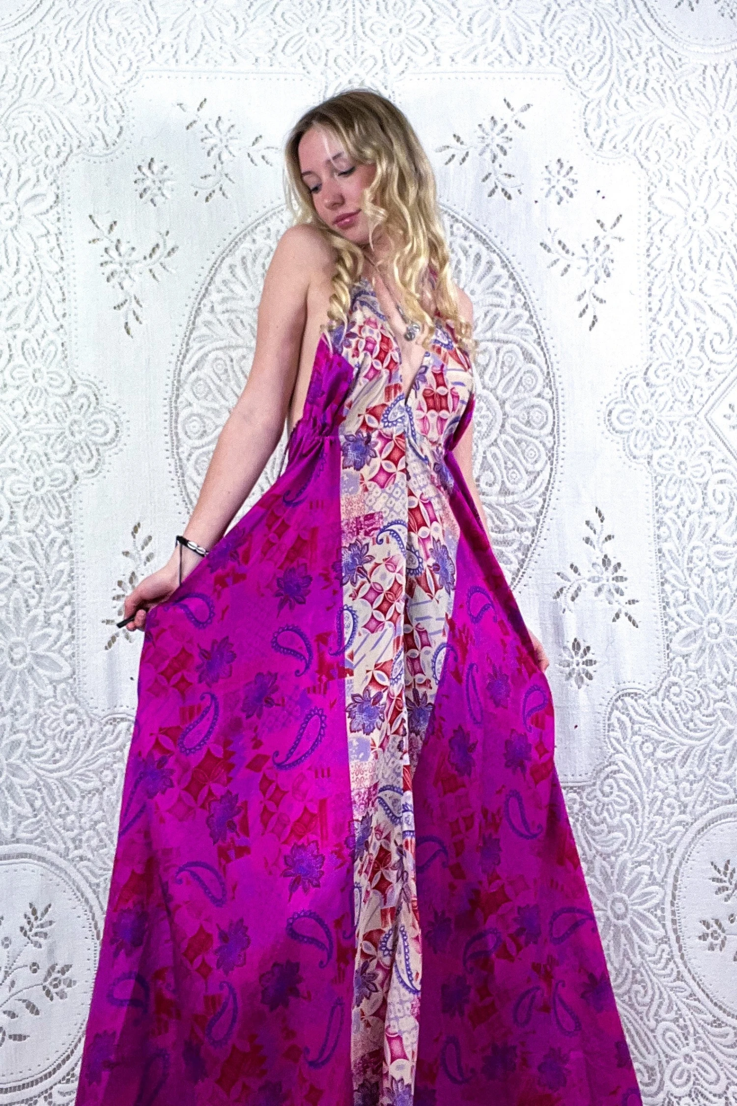 Eden Halter Maxi Dress - Vintage Sari - Psychedelic Fuchsia Paisley - Free Size S/M 3 Eden Halter Maxi Dress - Vintage Sari - Psychedelic Fuchsia Paisley - Free Size S/M - Image 3