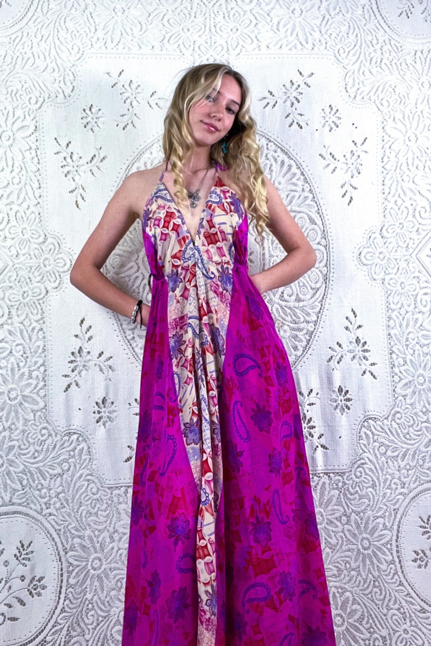 Eden Halter Maxi Dress - Vintage Sari - Psychedelic Fuchsia Paisley - Free Size S/M 4 Eden Halter Maxi Dress - Vintage Sari - Psychedelic Fuchsia Paisley - Free Size S/M - Image 4