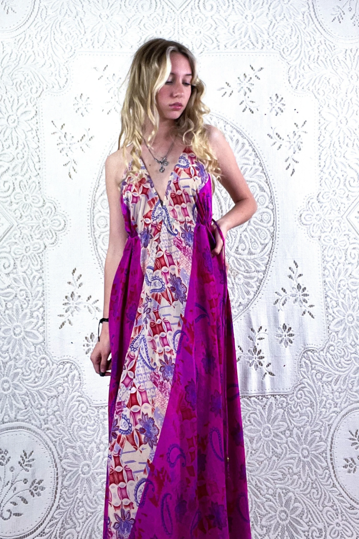 Eden Halter Maxi Dress - Vintage Sari - Psychedelic Fuchsia Paisley - Free Size S/M 1 Eden Halter Maxi Dress - Vintage Sari - Psychedelic Fuchsia Paisley - Free Size S/M