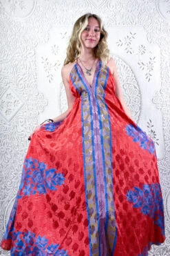 Eden Halter Maxi Dress - Vintage Sari - Candy Red & Blue Apple Print - Free Size M/L