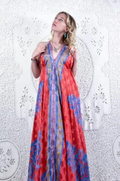 Eden Halter Maxi Dress - Vintage Sari - Candy Red & Blue Apple Print - Free Size M/L -KIKIS Clothing Shop bohemian boho hippie chic retro recycled vintage indian sari maxi halter neck asymmetric hem with drawstring waist all about audrey 154