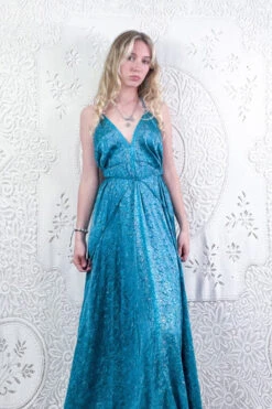 Eden Halter Maxi Dress - Vintage Sari - Deep Sea Turquoise Paisley Jacquard - Free Size M/L -KIKIS Clothing Shop bohemian boho hippie chic retro recycled vintage indian sari maxi halter neck asymmetric hem with drawstring waist all about audrey 161