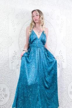Eden Halter Maxi Dress - Vintage Sari - Deep Sea Turquoise Paisley Jacquard - Free Size M/L
