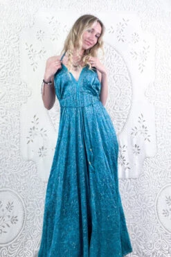 Eden Halter Maxi Dress - Vintage Sari - Deep Sea Turquoise Paisley Jacquard - Free Size M/L -KIKIS Clothing Shop bohemian boho hippie chic retro recycled vintage indian sari maxi halter neck asymmetric hem with drawstring waist all about audrey 166