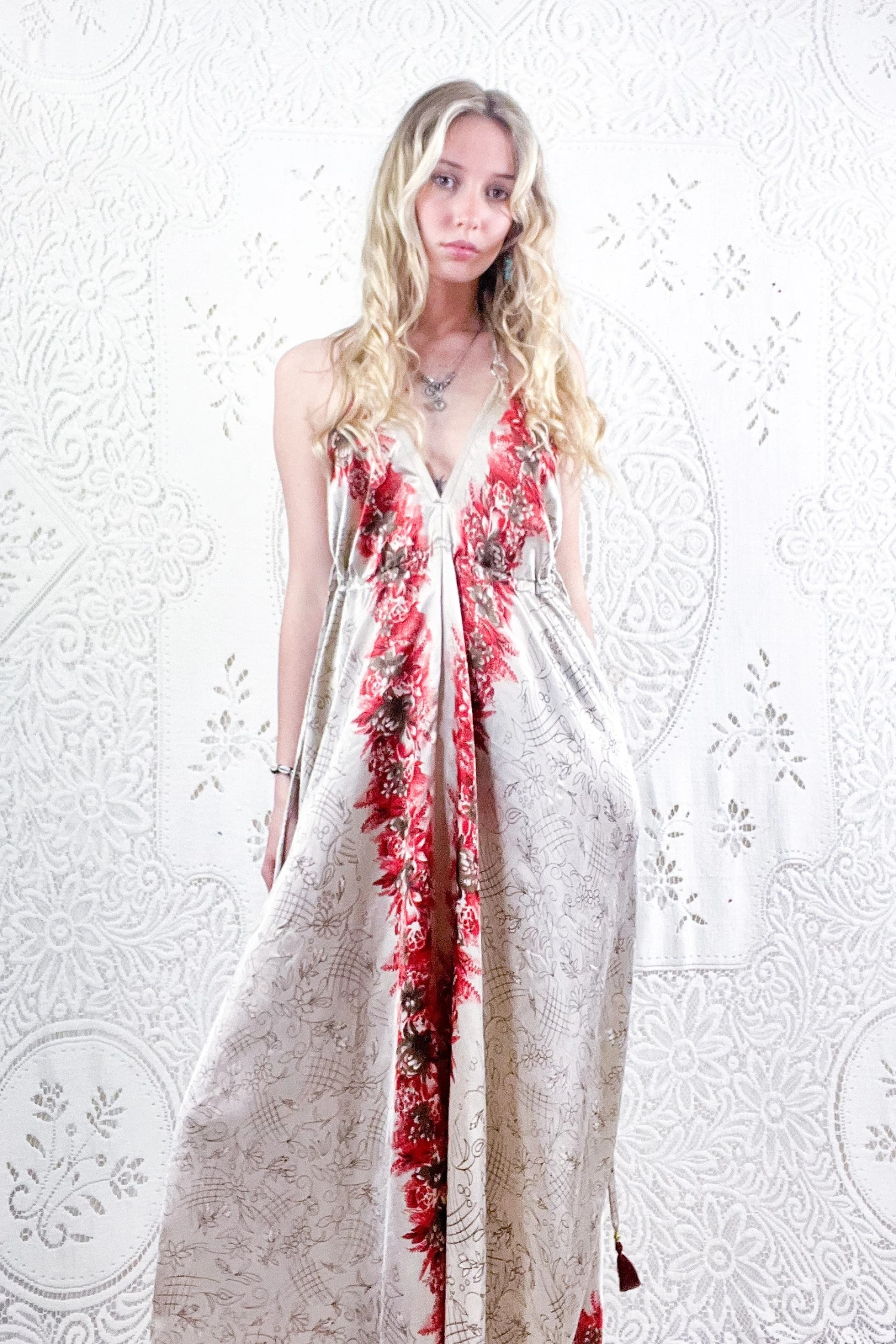 Eden Halter Maxi Dress - Vintage Sari - Ivory White & Scarlet Blossom - Free Size M/L 1 Eden Halter Maxi Dress - Vintage Sari - Ivory White & Scarlet Blossom - Free Size M/L