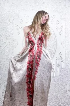 Eden Halter Maxi Dress - Vintage Sari - Ivory White & Scarlet Blossom - Free Size M/L 7 Eden Halter Maxi Dress - Vintage Sari - Ivory White & Scarlet Blossom - Free Size M/L -KIKIS Clothing Shop bohemian boho hippie chic retro recycled vintage indian sari maxi halter neck asymmetric hem with drawstring waist all about audrey 175