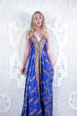 Eden Halter Maxi Dress - Vintage Sari - Violet & Gold Check Shimmer - Free Size S/M 6 Eden Halter Maxi Dress - Vintage Sari - Violet & Gold Check Shimmer - Free Size S/M -KIKIS Clothing Shop bohemian boho hippie chic retro recycled vintage indian sari maxi halter neck asymmetric hem with drawstring waist all about audrey 18