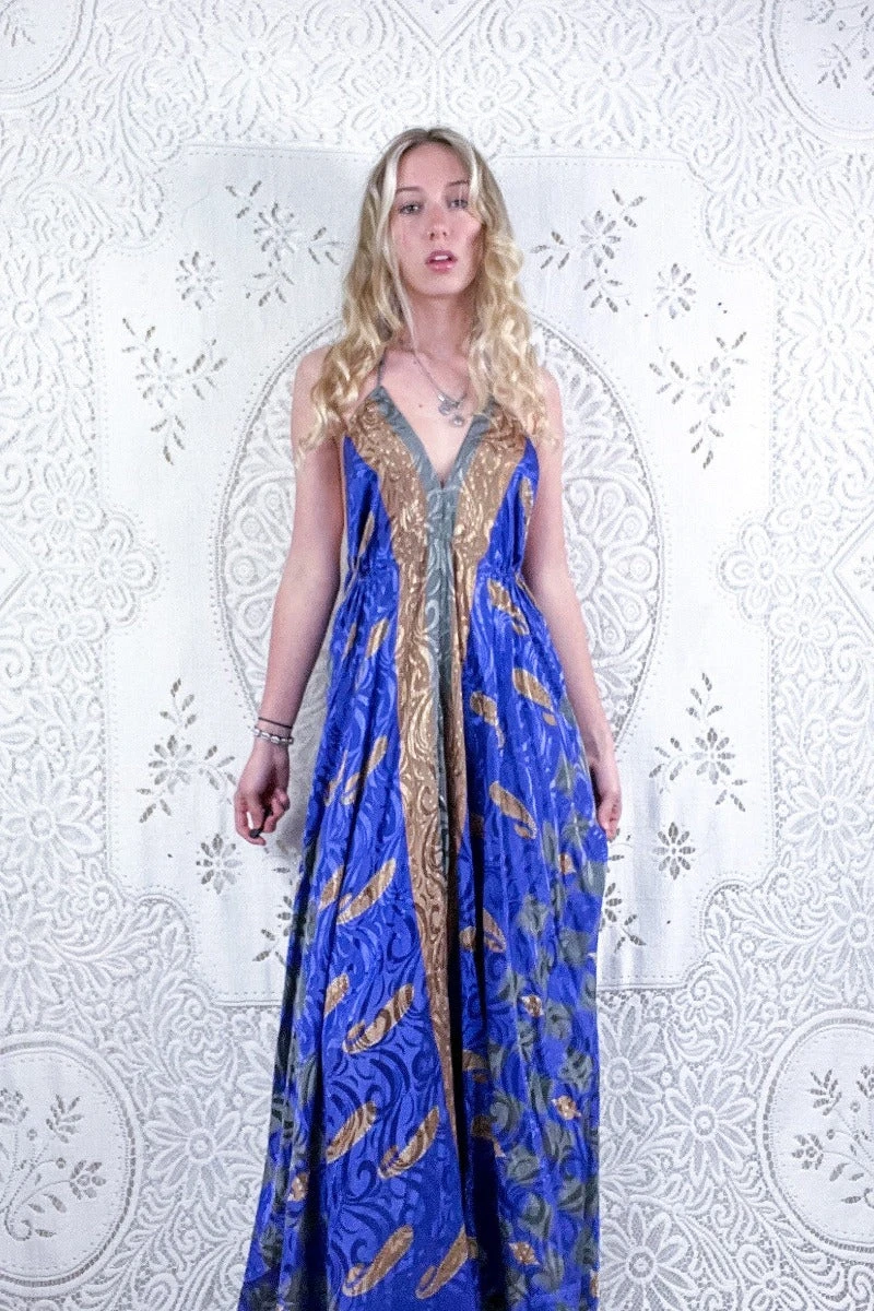 Eden Halter Maxi Dress - Vintage Sari - Violet & Gold Check Shimmer - Free Size S/M 3 Eden Halter Maxi Dress - Vintage Sari - Violet & Gold Check Shimmer - Free Size S/M - Image 3