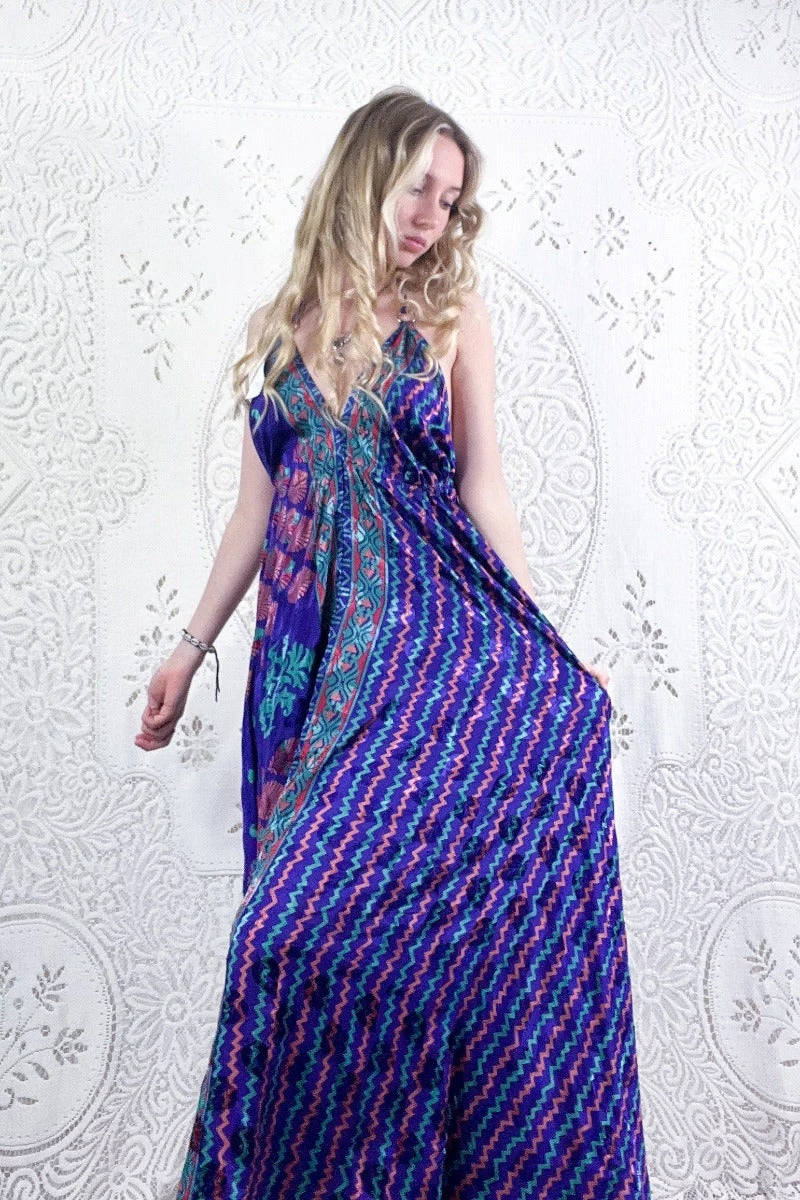 Eden Halter Maxi Dress - Vintage Sari - Violet, Jade & Bronze Motif - Free Size S/M 4 Eden Halter Maxi Dress - Vintage Sari - Violet, Jade & Bronze Motif - Free Size S/M - Image 4