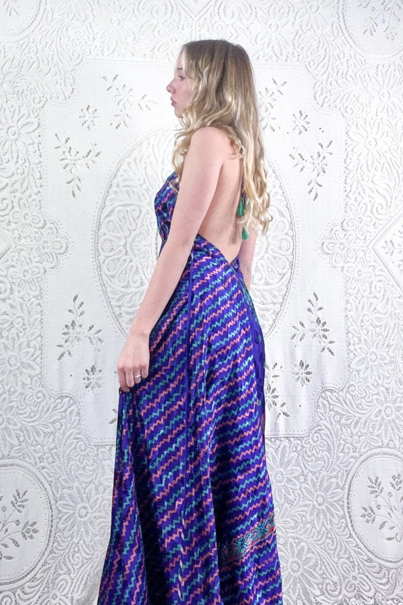 Eden Halter Maxi Dress - Vintage Sari - Violet, Jade & Bronze Motif - Free Size S/M 2 Eden Halter Maxi Dress - Vintage Sari - Violet, Jade & Bronze Motif - Free Size S/M - Image 2
